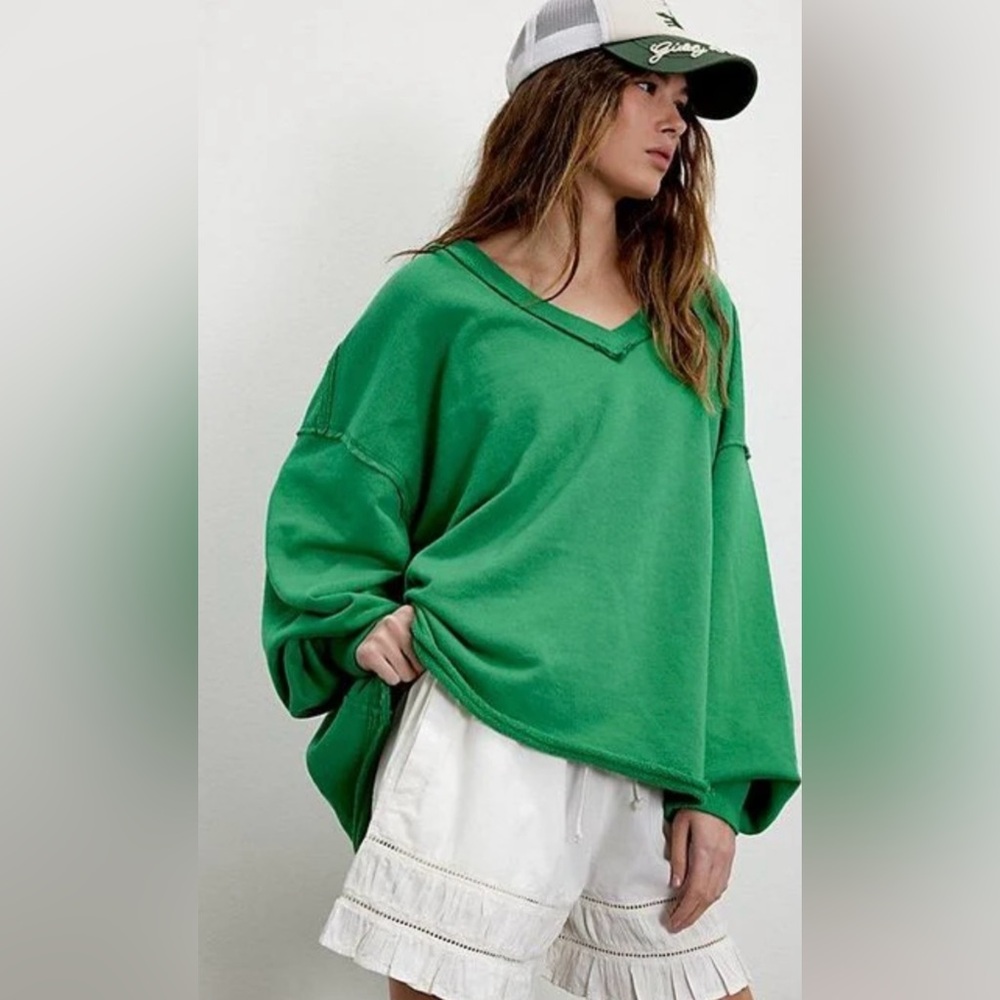 New Free People Venice V-Neck Sweatshirt In Green Size Small